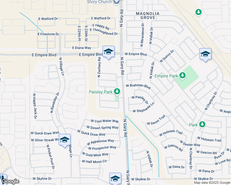 map of restaurants, bars, coffee shops, grocery stores, and more near 1630 West Paisley Drive in Queen Creek