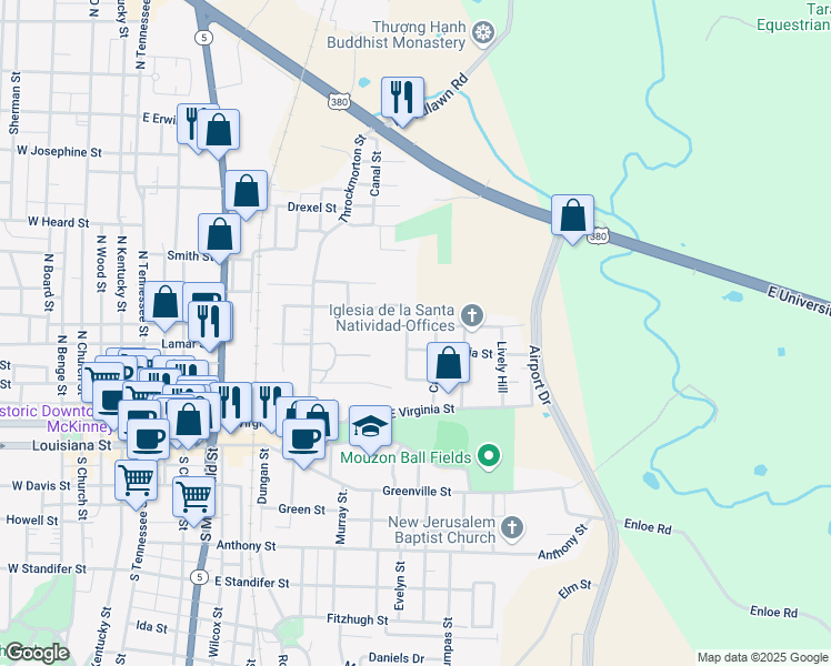 map of restaurants, bars, coffee shops, grocery stores, and more near 408 Washington Avenue in McKinney