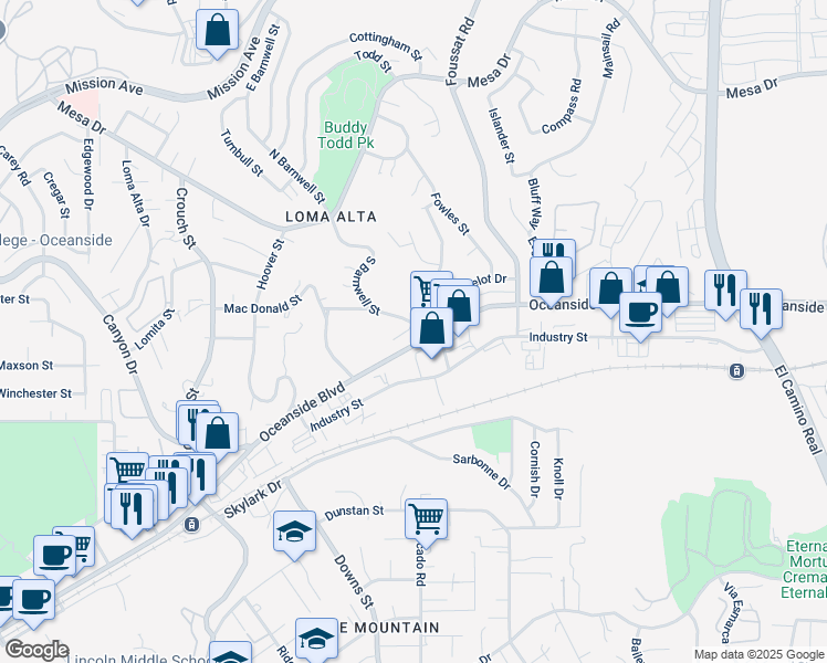 map of restaurants, bars, coffee shops, grocery stores, and more near 537 South Barnwell Street in Oceanside