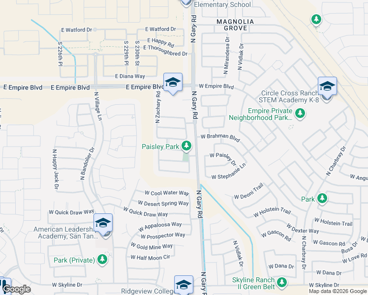 map of restaurants, bars, coffee shops, grocery stores, and more near 1630 West Paisley Drive in Queen Creek