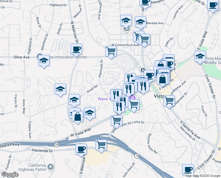 map of restaurants, bars, coffee shops, grocery stores, and more near 166 Plymouth Heights in Vista
