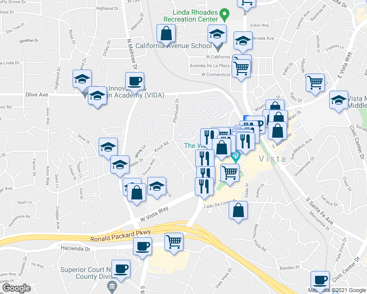 map of restaurants, bars, coffee shops, grocery stores, and more near 221 Plymouth Drive in Vista