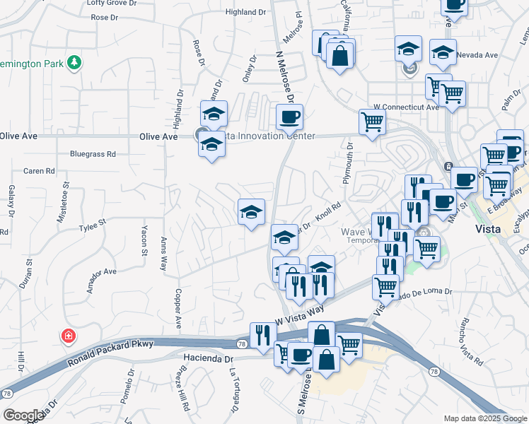map of restaurants, bars, coffee shops, grocery stores, and more near 304 North Melrose Drive in Vista