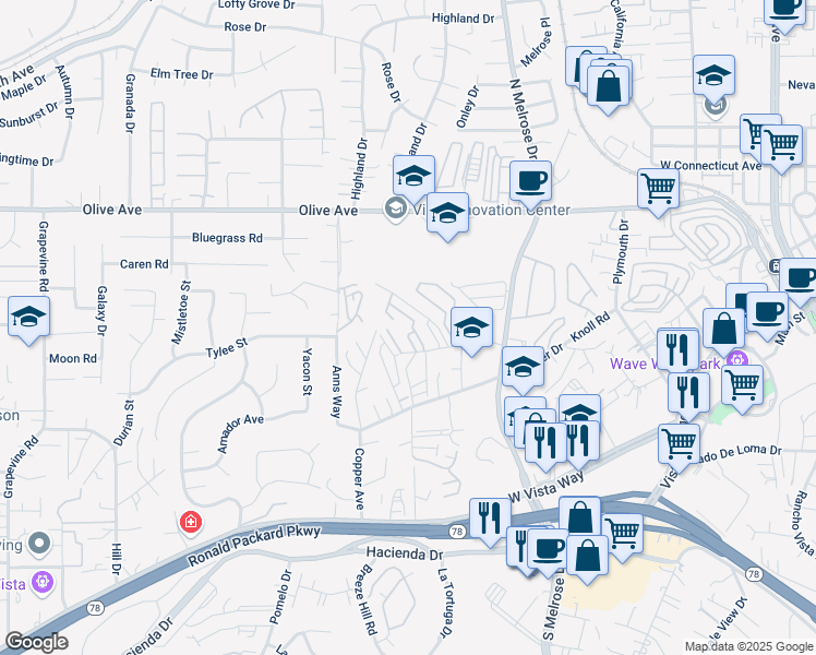 map of restaurants, bars, coffee shops, grocery stores, and more near 762 Silver Drive in Vista