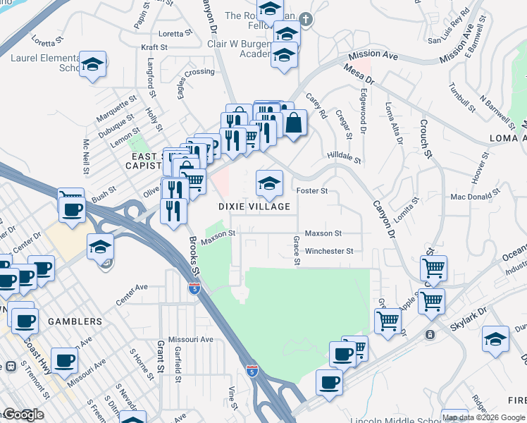 map of restaurants, bars, coffee shops, grocery stores, and more near 1768 Dixie Street in Oceanside