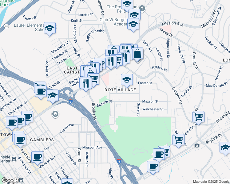 map of restaurants, bars, coffee shops, grocery stores, and more near 1768 Dixie Street in Oceanside