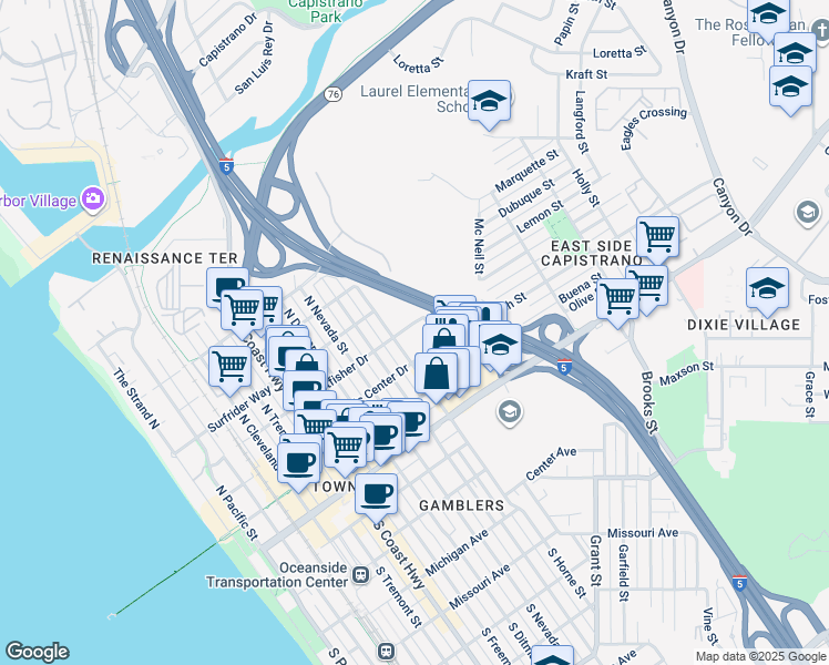 map of restaurants, bars, coffee shops, grocery stores, and more near 421 North Weitzel in Oceanside