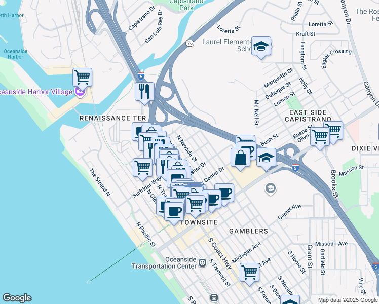 map of restaurants, bars, coffee shops, grocery stores, and more near 614 North Ditmar Street in Oceanside