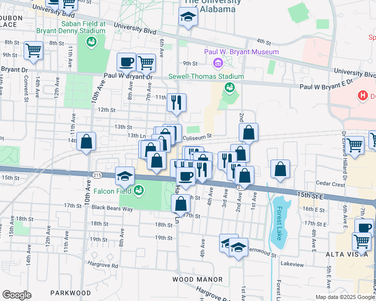 map of restaurants, bars, coffee shops, grocery stores, and more near 13 Meador Drive in Tuscaloosa