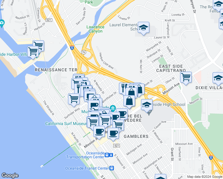 map of restaurants, bars, coffee shops, grocery stores, and more near 514 North Clementine Street in Oceanside