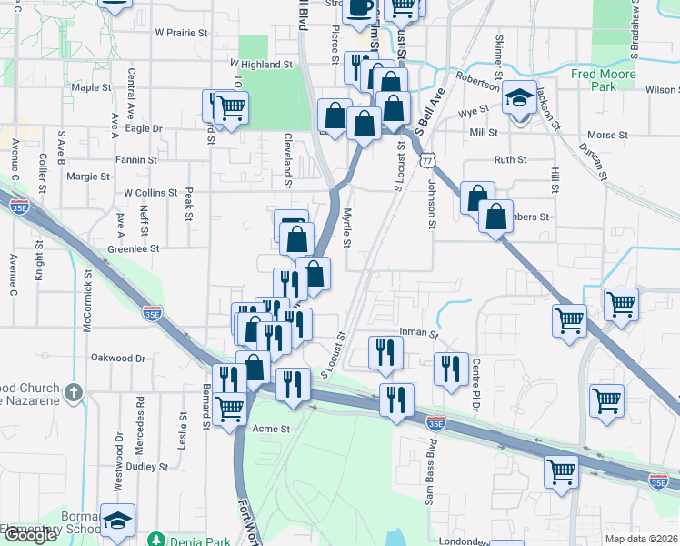 map of restaurants, bars, coffee shops, grocery stores, and more near 1400 Myrtle Street in Denton