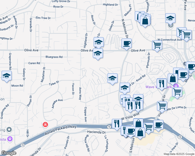 map of restaurants, bars, coffee shops, grocery stores, and more near 762 Silver Drive in Vista