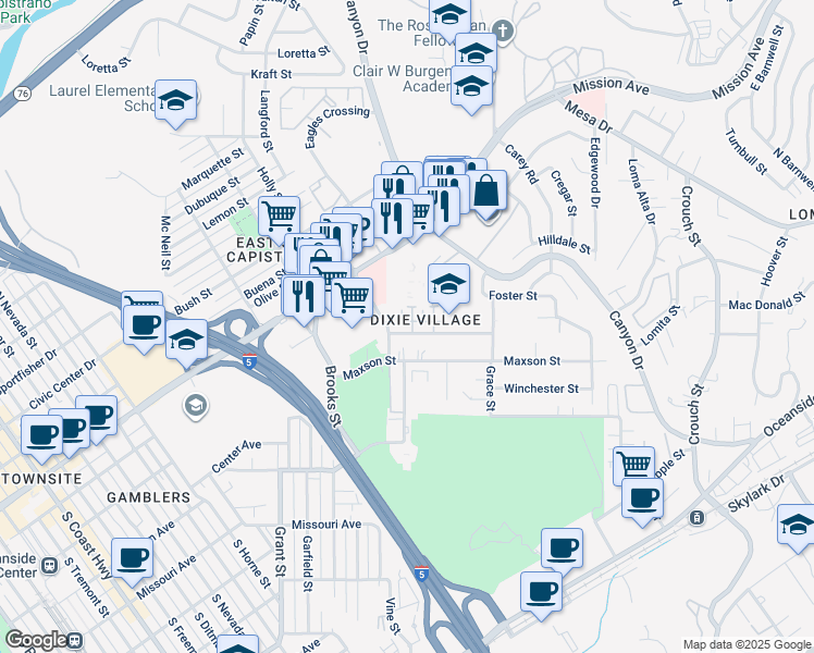 map of restaurants, bars, coffee shops, grocery stores, and more near 1768 Dixie Street in Oceanside