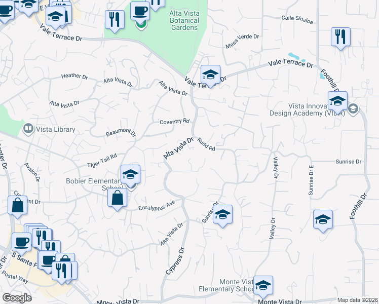 map of restaurants, bars, coffee shops, grocery stores, and more near 1670 Alta Vista Drive in Vista