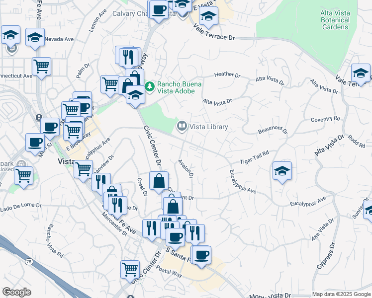 map of restaurants, bars, coffee shops, grocery stores, and more near 318 Avalon Drive in Vista