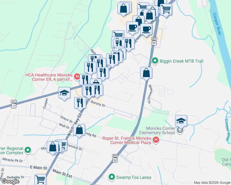 map of restaurants, bars, coffee shops, grocery stores, and more near 201 Selbee Street in Moncks Corner