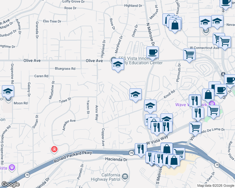 map of restaurants, bars, coffee shops, grocery stores, and more near 762 Silver Drive in Vista