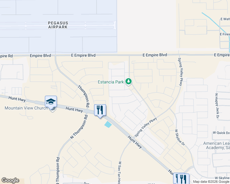 map of restaurants, bars, coffee shops, grocery stores, and more near 4001 West Brass Lane in Queen Creek