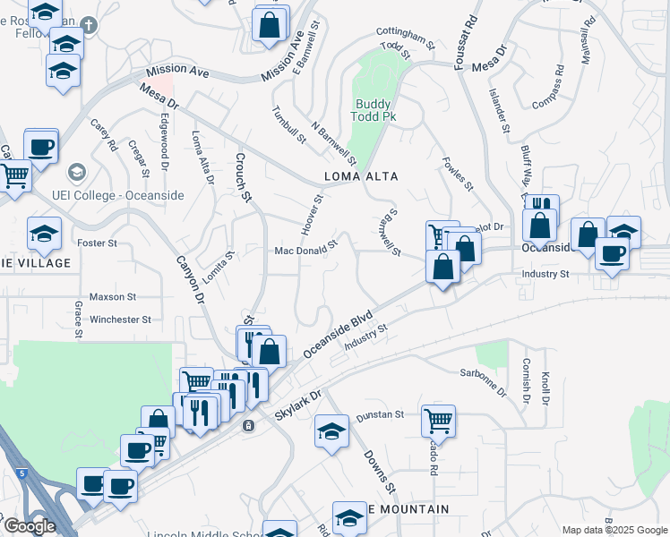 map of restaurants, bars, coffee shops, grocery stores, and more near 580 Hidden Canyon Way in Oceanside