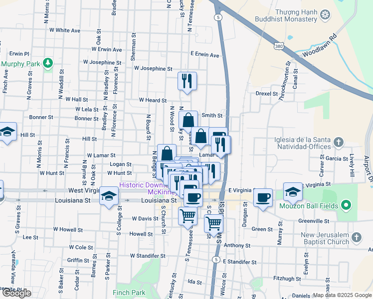 map of restaurants, bars, coffee shops, grocery stores, and more near 101 East Walker Street in McKinney