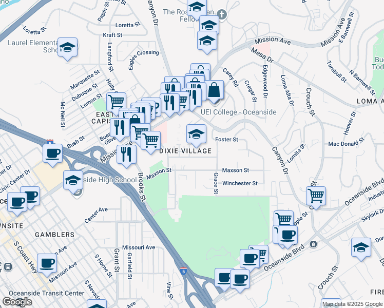 map of restaurants, bars, coffee shops, grocery stores, and more near 1768 Dixie Street in Oceanside