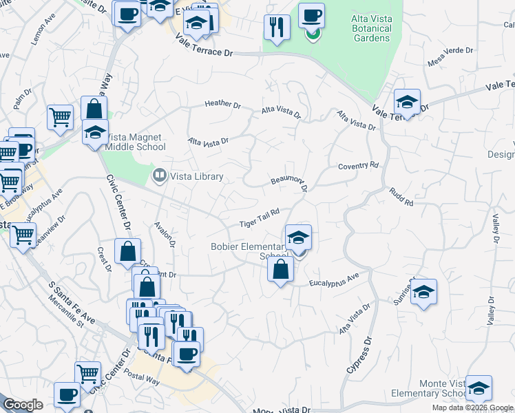 map of restaurants, bars, coffee shops, grocery stores, and more near 943 Marlin Drive in Vista