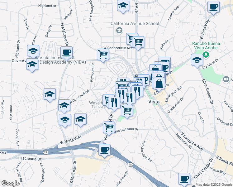map of restaurants, bars, coffee shops, grocery stores, and more near 127 Camino Corto in Vista
