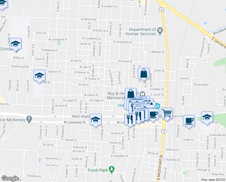 map of restaurants, bars, coffee shops, grocery stores, and more near 405 North Sherman Street in McKinney