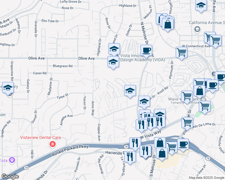 map of restaurants, bars, coffee shops, grocery stores, and more near 762 Silver Drive in Vista