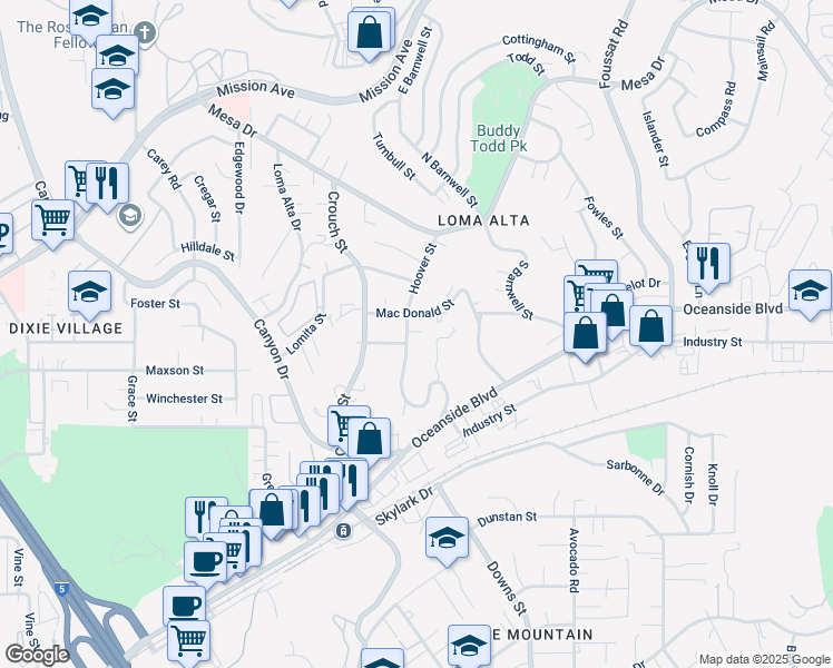 map of restaurants, bars, coffee shops, grocery stores, and more near 418 Hoover Street in Oceanside
