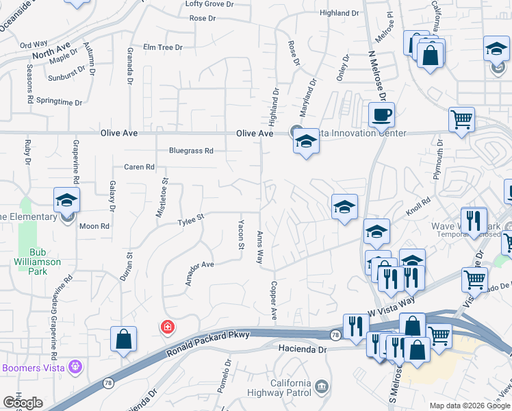 map of restaurants, bars, coffee shops, grocery stores, and more near 426 Anns Way in Vista