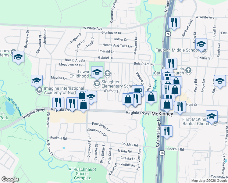map of restaurants, bars, coffee shops, grocery stores, and more near 2523 Wolford Street in McKinney