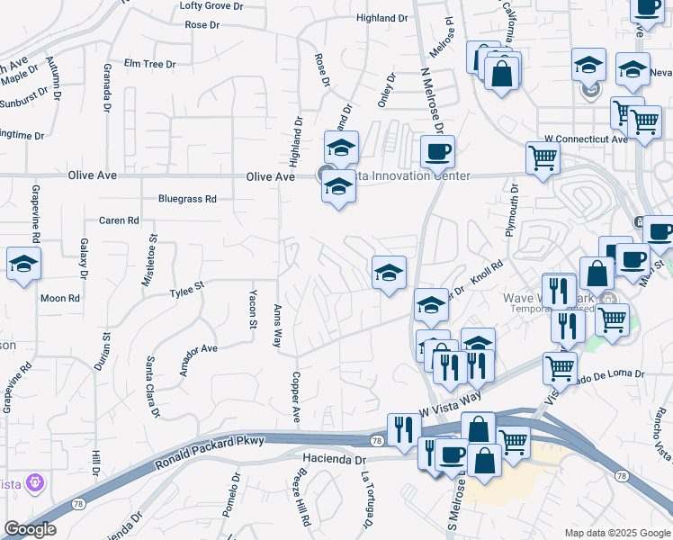 map of restaurants, bars, coffee shops, grocery stores, and more near 762 Silver Drive in Vista