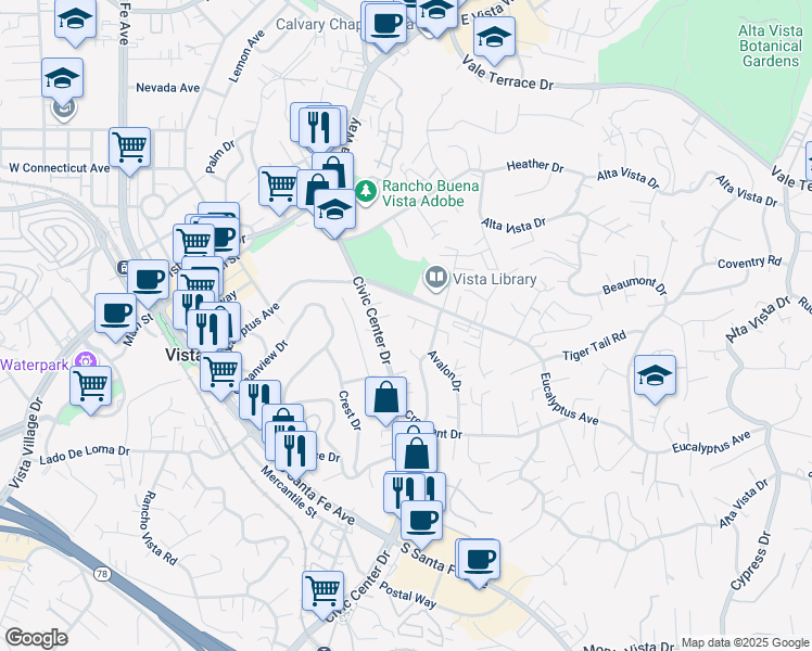 map of restaurants, bars, coffee shops, grocery stores, and more near 705 Windsor Court in Vista