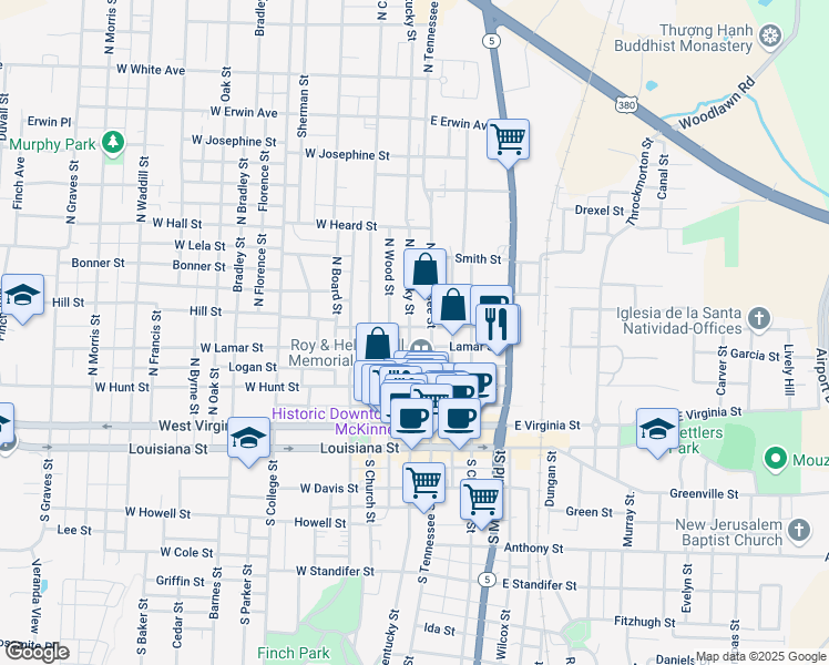 map of restaurants, bars, coffee shops, grocery stores, and more near 101 East Walker Street in McKinney