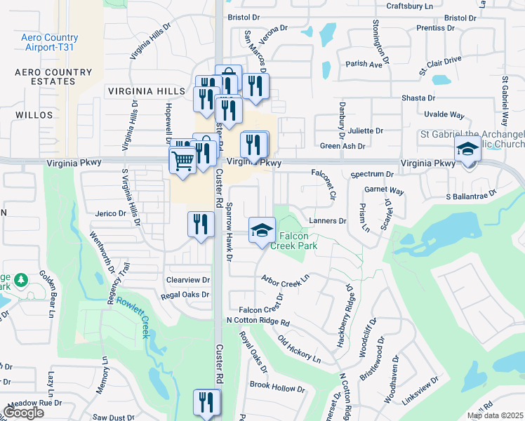 map of restaurants, bars, coffee shops, grocery stores, and more near 211 Ledgenest Drive in McKinney