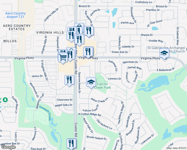 map of restaurants, bars, coffee shops, grocery stores, and more near 211 Ledgenest Drive in McKinney