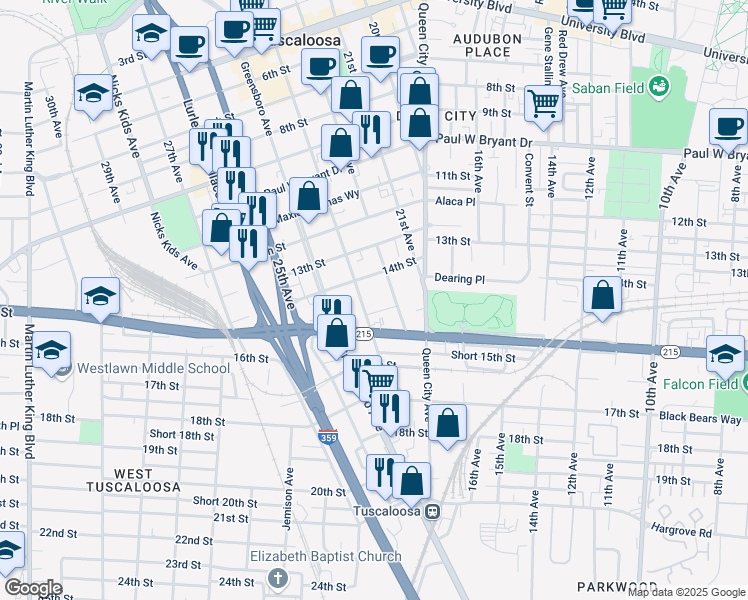 map of restaurants, bars, coffee shops, grocery stores, and more near 1417 23rd Ave in Tuscaloosa
