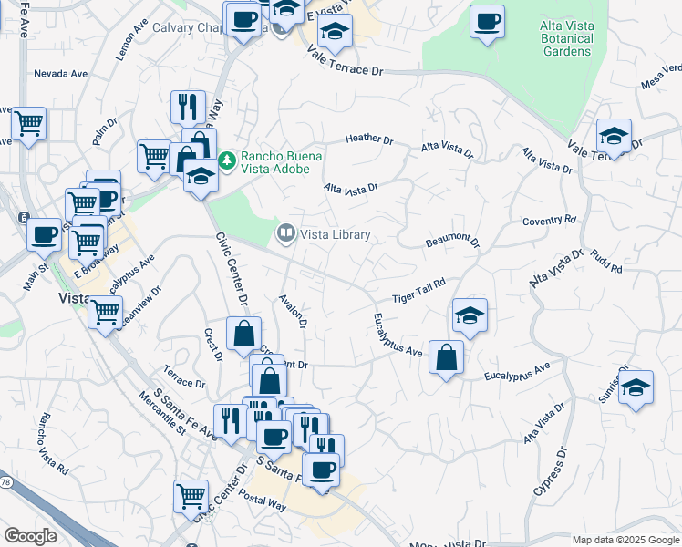 map of restaurants, bars, coffee shops, grocery stores, and more near 850 Eucalyptus Avenue in Vista
