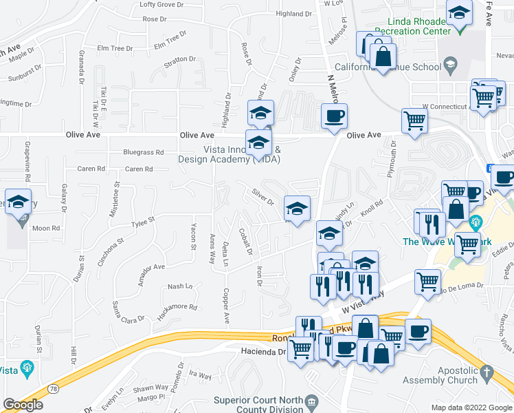 map of restaurants, bars, coffee shops, grocery stores, and more near 762 Silver Drive in Vista