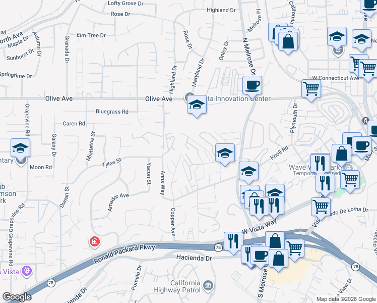 map of restaurants, bars, coffee shops, grocery stores, and more near 762 Silver Drive in Vista