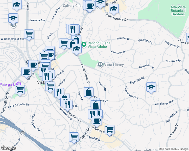 map of restaurants, bars, coffee shops, grocery stores, and more near 707 Windsor Court in Vista