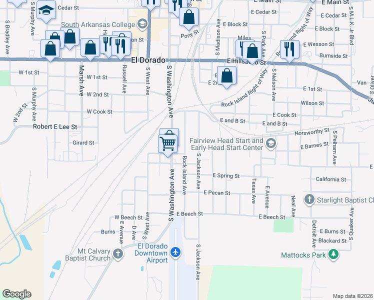 map of restaurants, bars, coffee shops, grocery stores, and more near 925 Rock Island Avenue in El Dorado