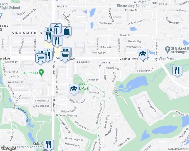 map of restaurants, bars, coffee shops, grocery stores, and more near 8408 Falconet Circle in McKinney
