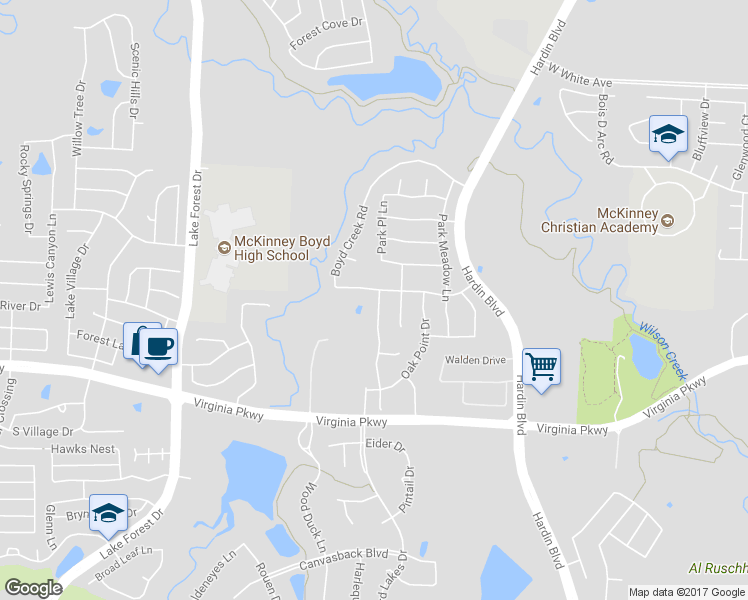 map of restaurants, bars, coffee shops, grocery stores, and more near 513 Parkhaven Drive in McKinney