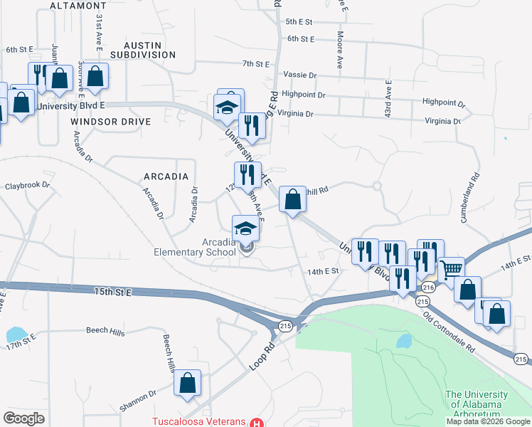 map of restaurants, bars, coffee shops, grocery stores, and more near 3801 12th Place East in Tuscaloosa
