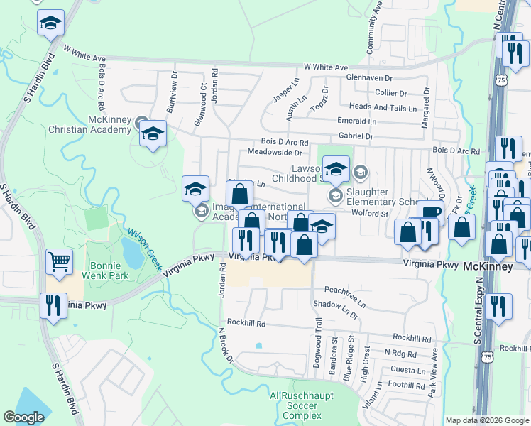 map of restaurants, bars, coffee shops, grocery stores, and more near 2818 Bradford Oaks Drive in McKinney