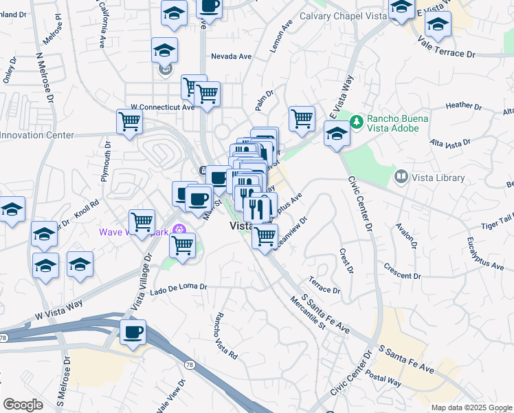 map of restaurants, bars, coffee shops, grocery stores, and more near 201 East Broadway in Vista