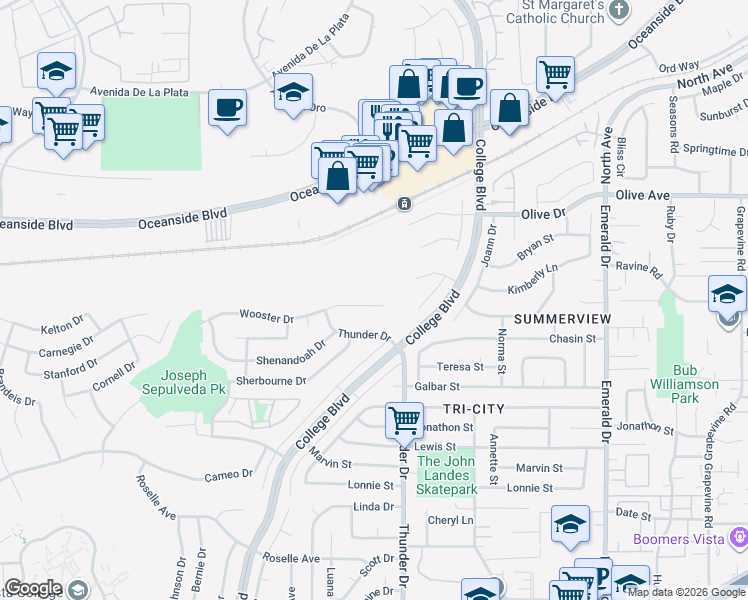 map of restaurants, bars, coffee shops, grocery stores, and more near 4080 Wooster Drive in Oceanside