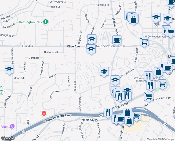map of restaurants, bars, coffee shops, grocery stores, and more near 760 Silver Drive in Vista